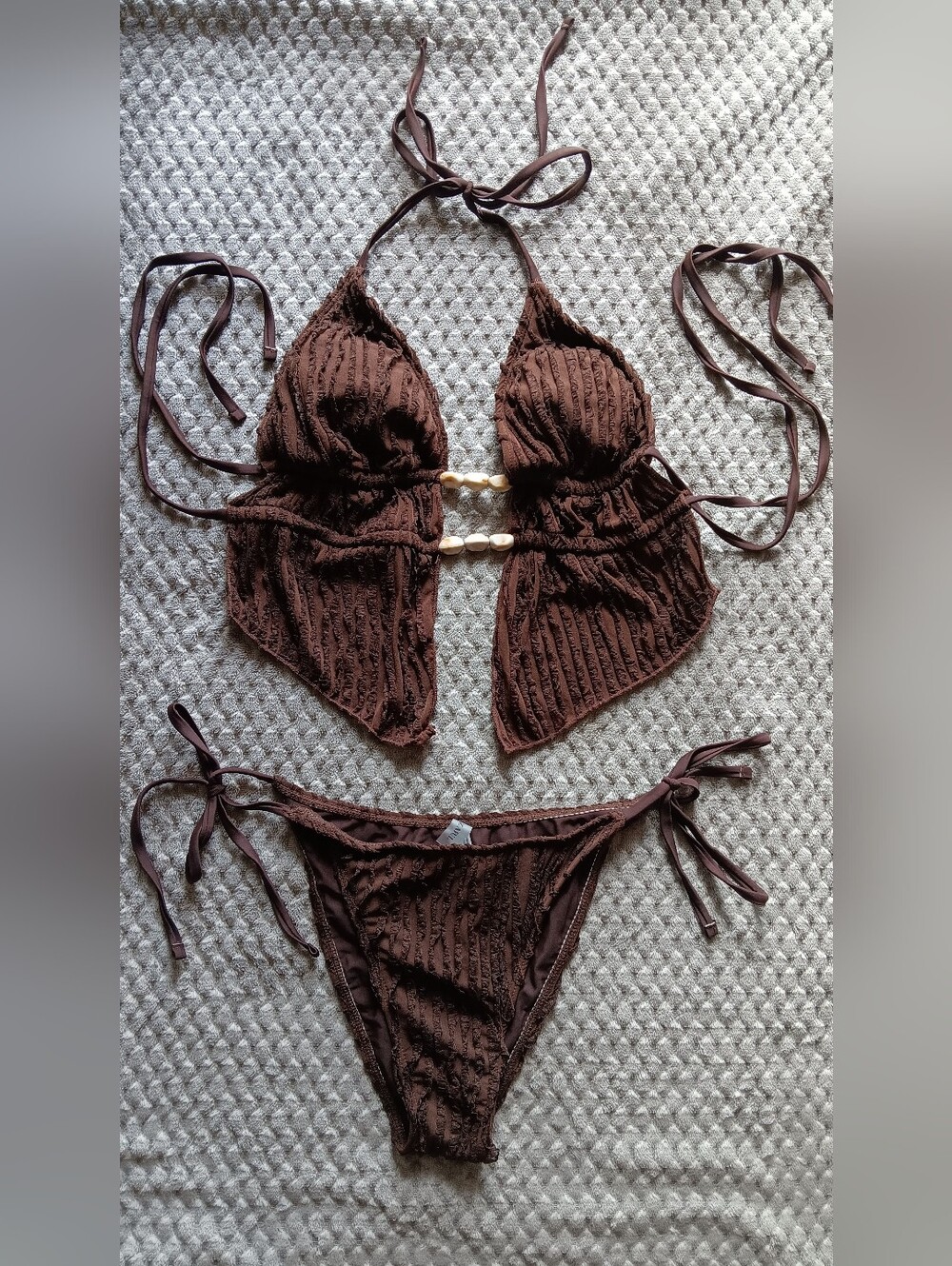 Zaful Brown Textured Shell Detail Bikini Set – Size Medium